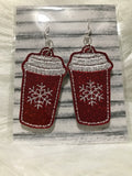 Embroidered Glitter Red with Snowflake Design Coffee Cup faux leather earrings