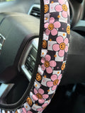 Daisy Smiley on Checkered Steering Wheel Cover