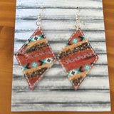 Teal Aztec, Cheetah, Orange and Tan brushstroke pattern faux leather earrings