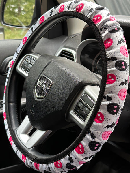 Grunge Pink & Black Smiley & Lightning Steering Wheel Cover