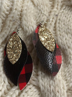 Faux Leather Gold Glitter & Buffalo Plaid Layer Earrings