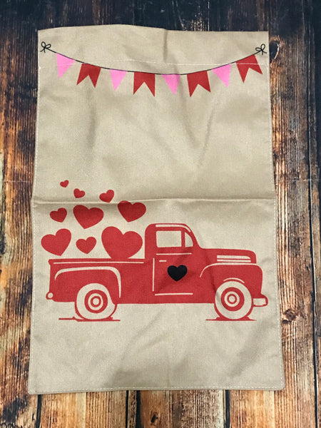 Woven Red Truck with Hearts Garden Flag