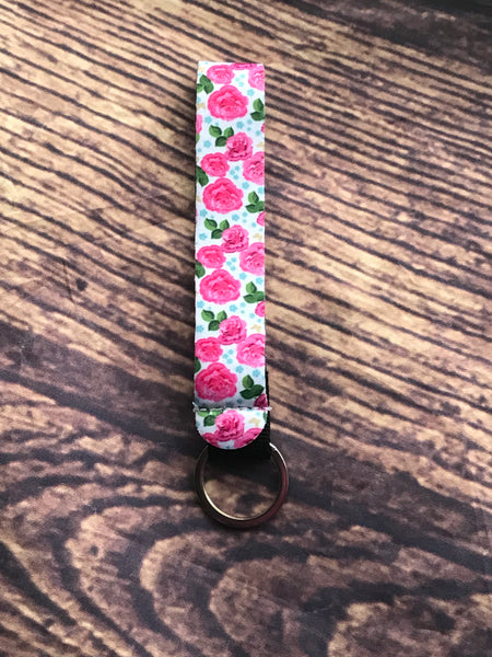 Pink Rose with Blue Dots Wrist Keychain Holder