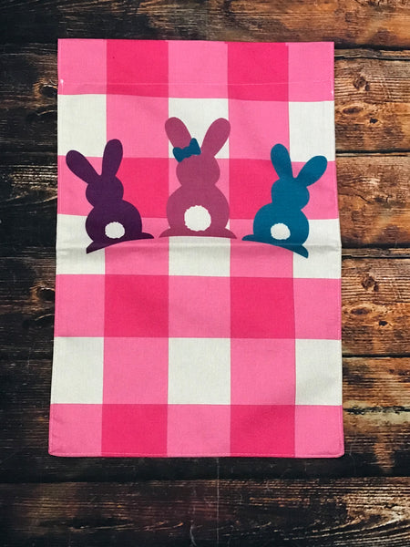 Three Solid Bunnies on Pink Plaid Garden Flag