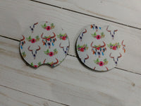 2.5" Bull Skull Floral Car Coaster Set