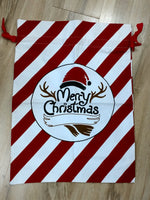 Red & White Stripe with Merry Christmas Antlers & Hat Santa Sack