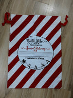 Red & White Stripe North Pole Mail Service (fancy font) with Sleigh Santa Sack