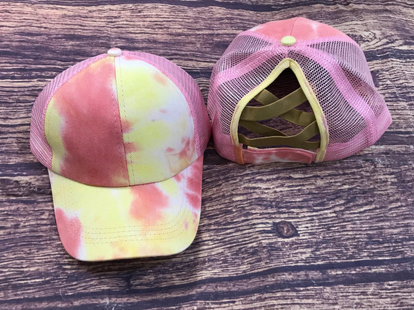 Pink/Yellow Tie Dye Criss Cross Hat