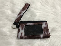 Brown Cowhide Print Wrist Keychain with Pouch Card ID Holder