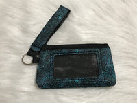 Teal Tooled Leather Pattern Keychain with Pouch Card ID Holder