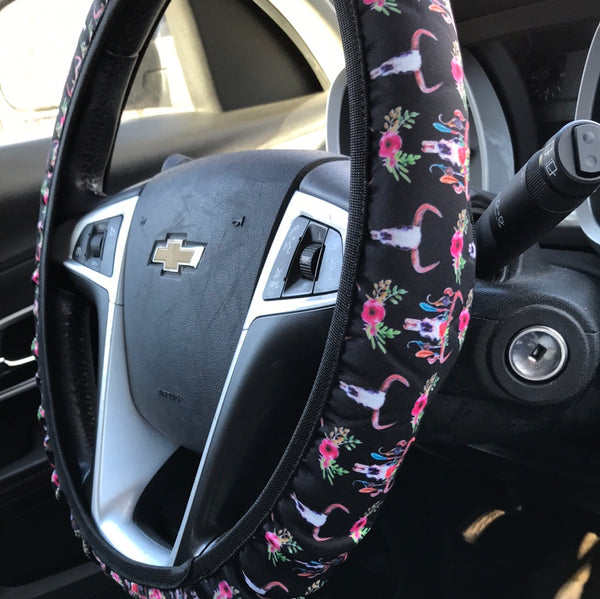 Bull Skull Floral Steering Wheel Cover