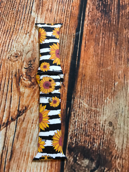 Sunflower with Yellow Center on Black Stripes Watch Band