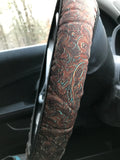 Dark Patina Tooled Leather Design Steering Wheel Cover