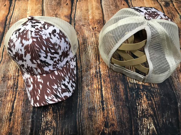 White Spotted Brown Cowhide Criss Cross Hat