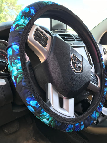 Blue & Green Flowers Steering Wheel Cover