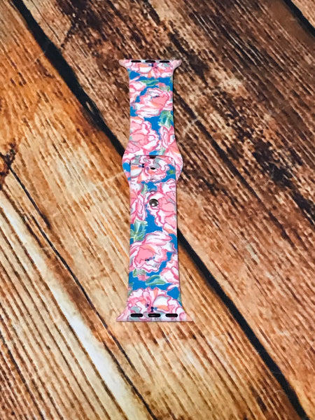 Watercolor Pink Roses on Blue Watch Band