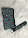 Rust Skull Floral on Teal Stripes Wrist Keychain with Pouch Card ID Holder