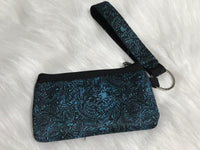 Teal Tooled Leather Pattern Keychain with Pouch Card ID Holder