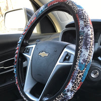 Tooled Leather, Cowhide & Leopard Brushstroke Pattern Steering Wheel Cover