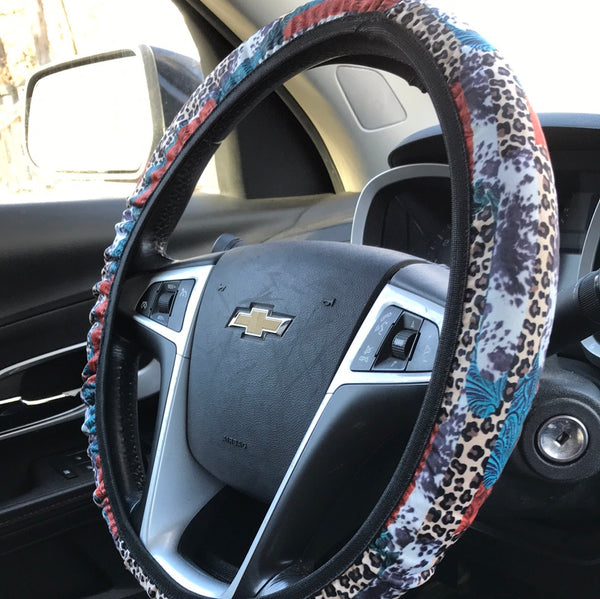 Tooled Leather, Cowhide & Leopard Brushstroke Pattern Steering Wheel Cover