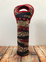 Black & Red Buffalo Plaid & Leopard Brushstroke Wine Bottle Tote