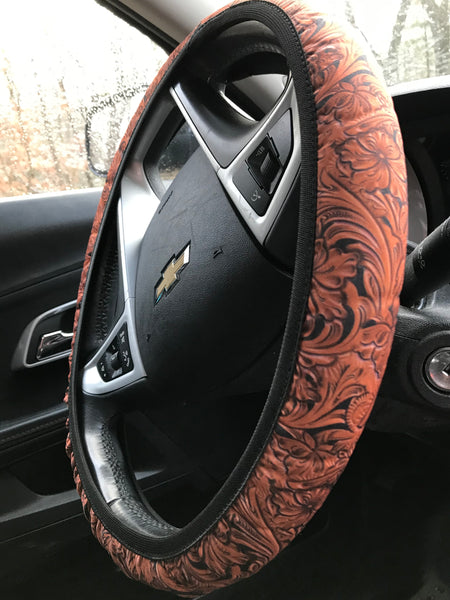 Dark Tooled Leather Design Steering Wheel Cover