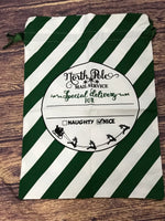 Green & White Stripe North Pole Mail Service (fancy font) with Sleigh Santa Sack