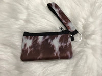 Brown Cowhide Print Wrist Keychain with Pouch Card ID Holder