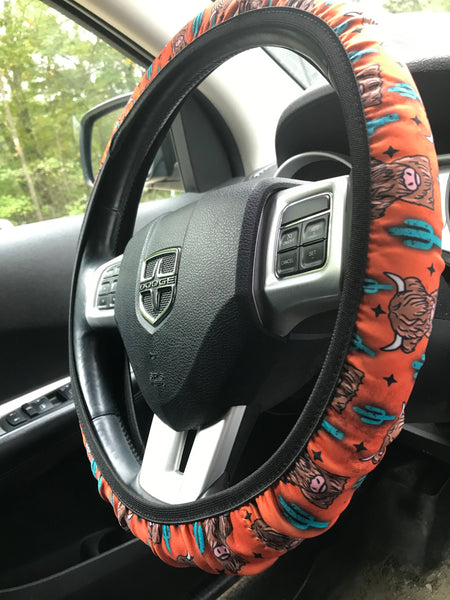 Highland Cow & Cactus Steering Wheel Cover