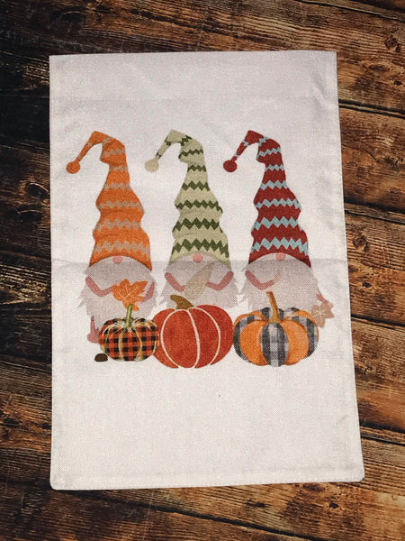 Three Gnomes with Pumpkins Garden Flag