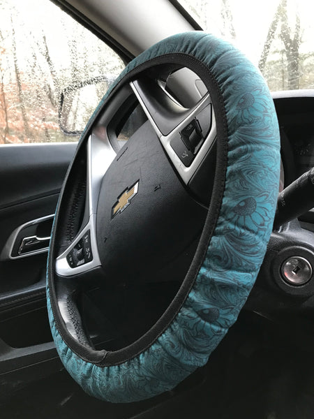 Teal with Light Black Tooled Leather Design Steering Wheel Cover