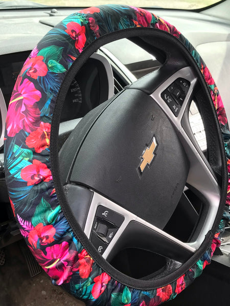 Red Hawaiian Flowers Steering Wheel Cover