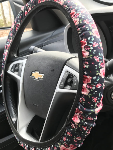 Pink Floral on Black Background Steering Wheel Cover